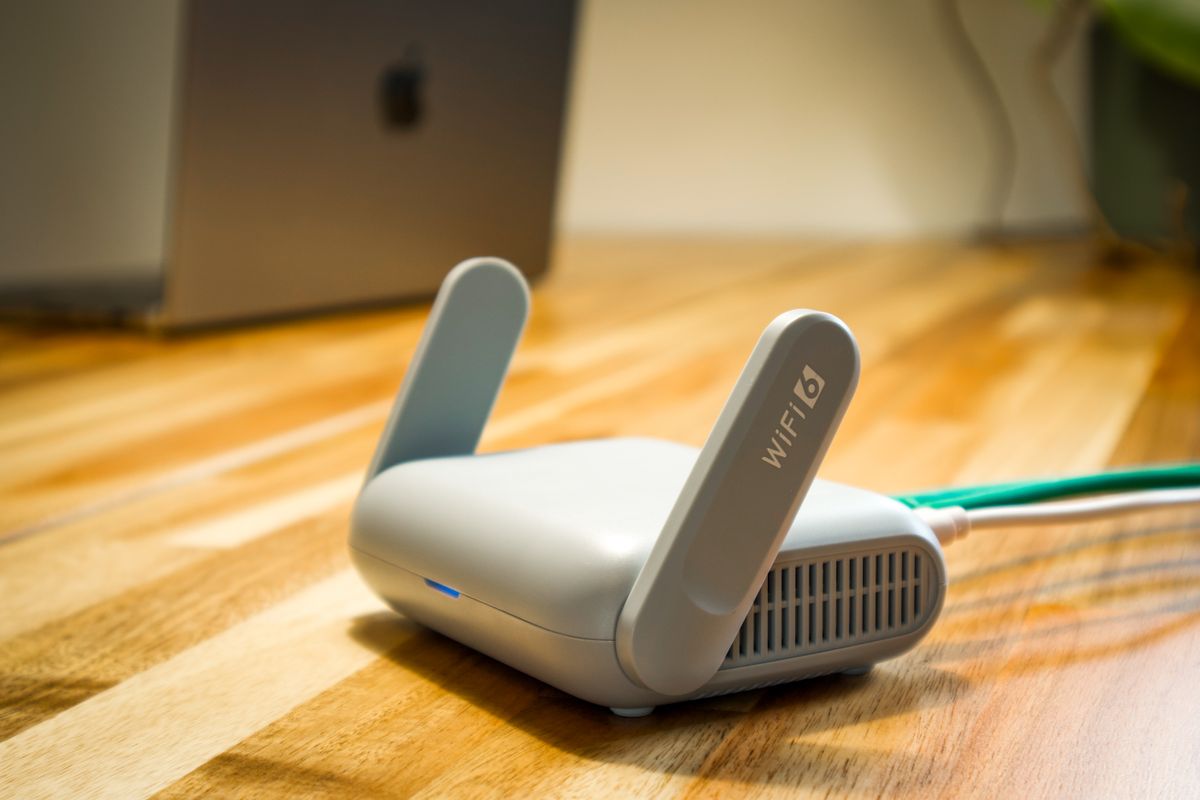 Wi-Fi router on a wooden desk
